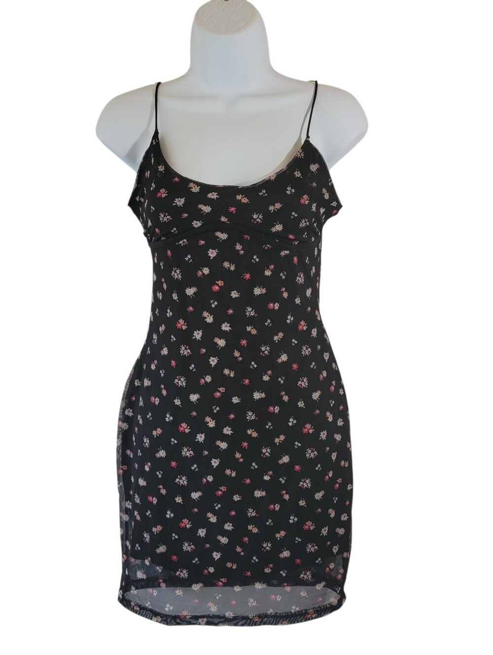 VTG Y2K Blue Jasmine Black Micro Floral Mini Dress Sz M Mesh Dainty Club Fairy